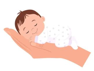 Görselde beyaz renkli bir fon üzerinde bir el ve elin içinde bir bebek çizimi yer alıyor. El, parmakları birleşik halde, avuç içi yukarı dönük olarak duruyor. Elin içinde kahverengi saçlı, beyaz renkli tulumunun üzerinde lila renkli kalp şeklinde puantiyeleri bulunan mutlu yüz ifadeli bir bebek, kıvrılmış bir şekilde uyuyor.